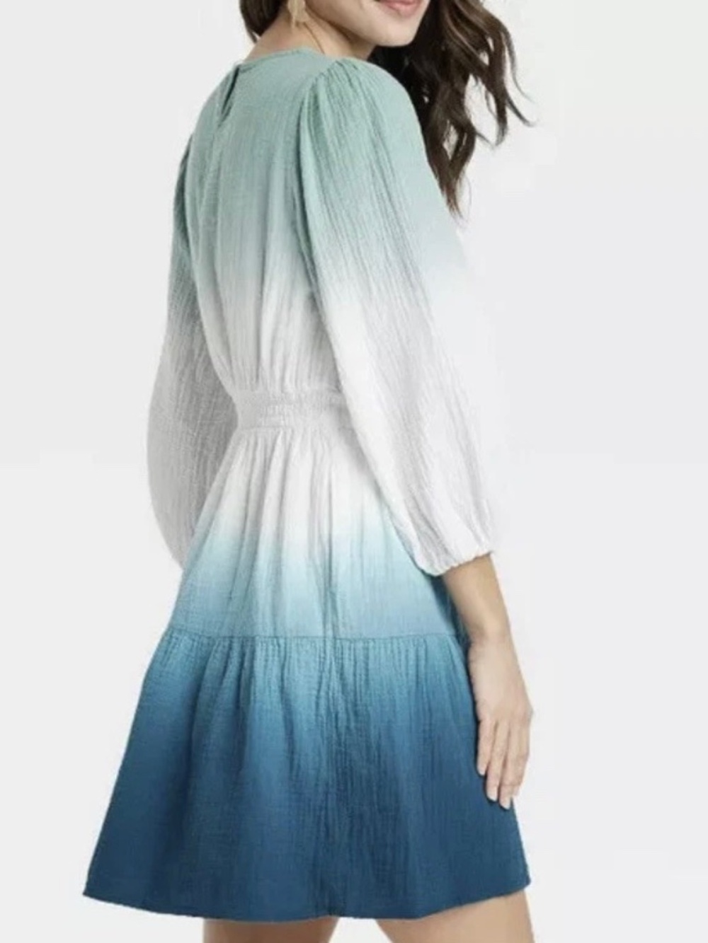 Universal Thread Dress Women's medium Tie-Dye Blue Ombré Long Sleeve Tiered